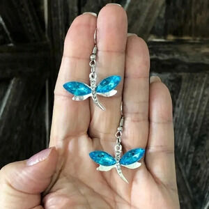 Aqua Blue Crystal Silver Dragonfly Drop Earrings NWT